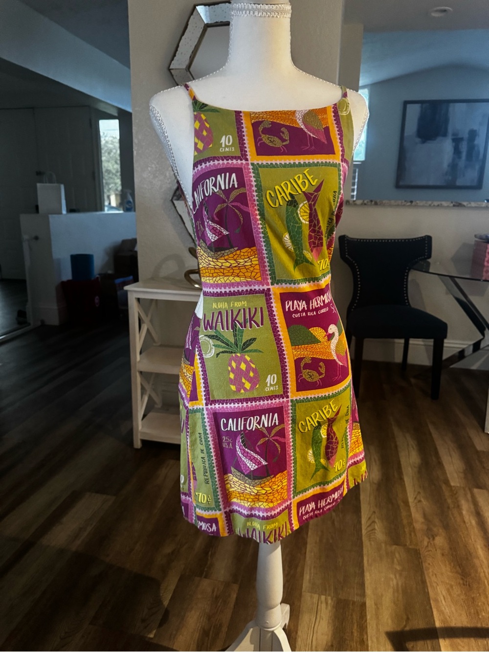 Tropical Patchwork Mini Dress in Pink & Green